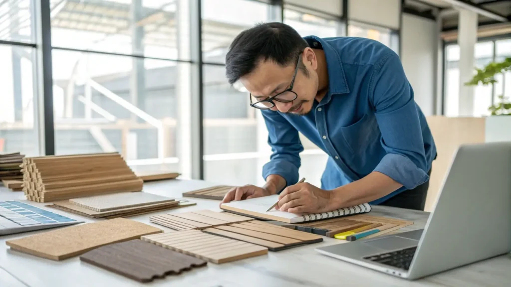 An architect reviewing sustainable building materials