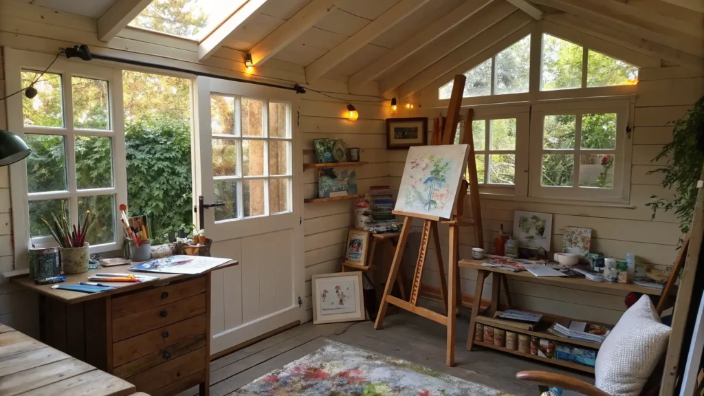 An art studio garden shed with an easel, paint supplies, and natural light streaming in: Garden Shed Ideas
