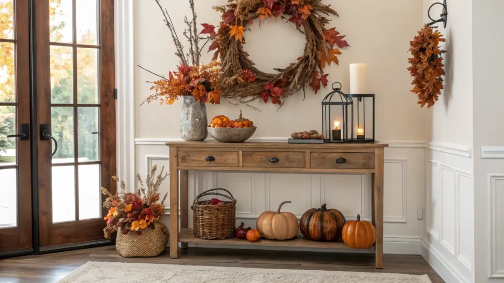 An elegant fall entryway with a console table featuring natural accents and a simple wreath.