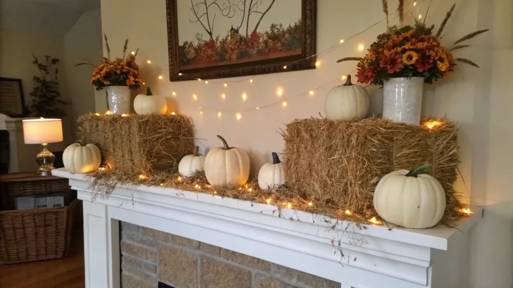 An elegant fall mantel decorated with mini hay bales, white pumpkins, and delicate fairy lights.