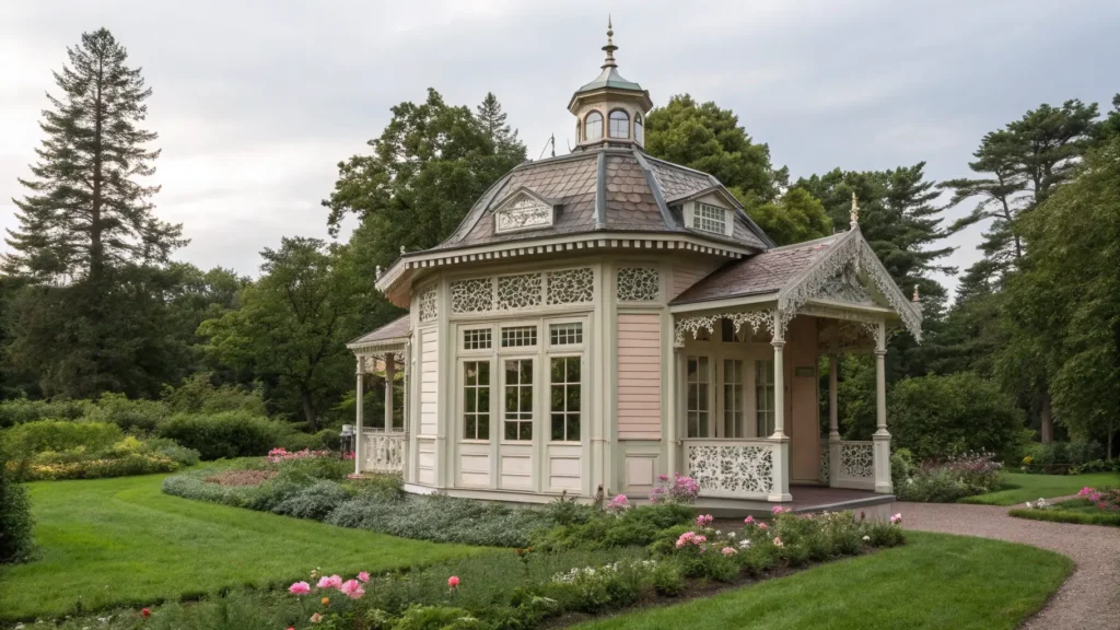 An elegant Victorian-style garden shed with detailed trim and a cupola: Garden Shed Ideas