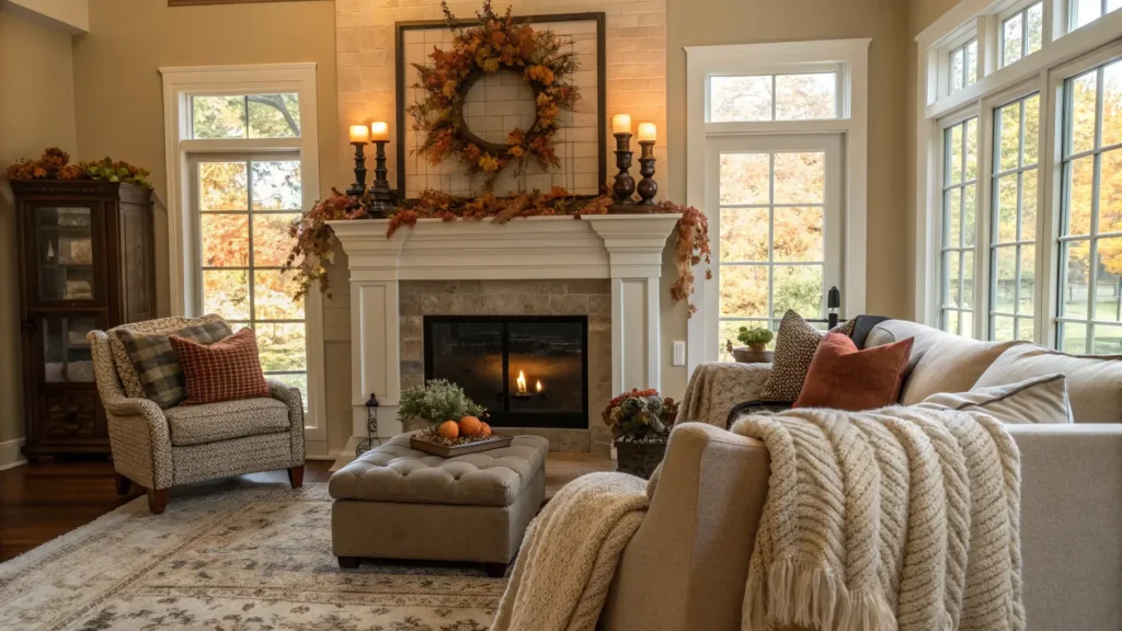 An elegantly styled fall living room with a balanced mantelpiece and cozy textured throws. How to Decorate Tastefully for Fall