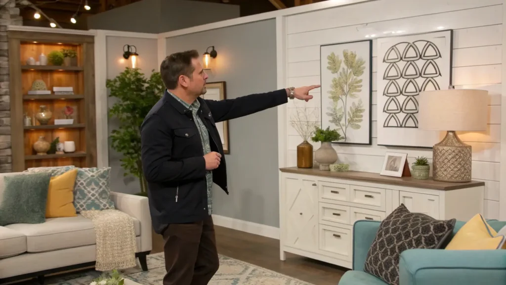 An interior designer pointing to a multi-seasonal decor item, showcasing its versatility.