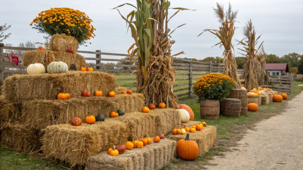 Beautiful outdoor fall decor with hay bales, pumpkins, and corn stalks.