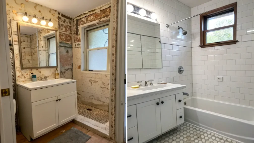 Before and after comparison of a DIY bathroom renovation.