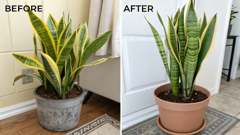 Snake Plants Before and after images of a snake plant turning yellow and then fully revived.