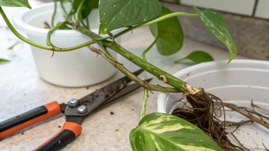 Close-up image of a Pothos node on a stem and a properly prepared cutting ready for the aquarium. Pothos Grow in Your Aquarium