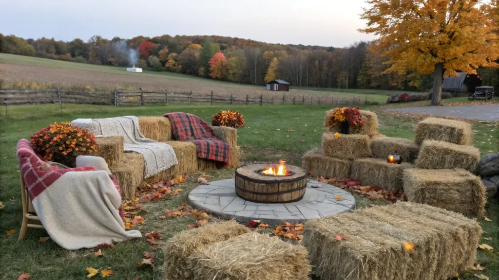 Creative outdoor fall decor with hay bales arranged as cozy seating around a fire pit with throw blankets.