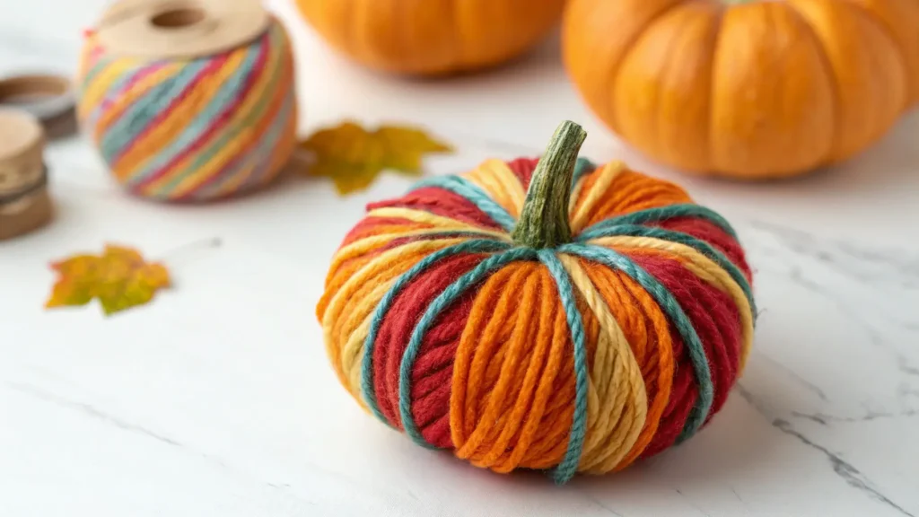 easily wrap a mini pumpkin with yarn and glue.