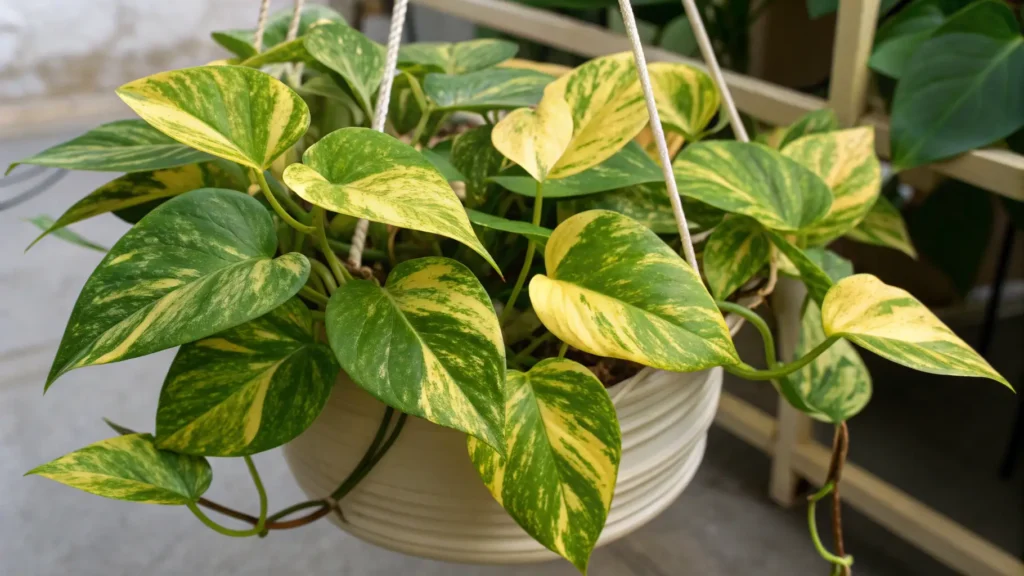 Pothos Plant Types : A lush Golden Pothos plant trailing from a hanging basket, showing its green and gold variegated leaves.