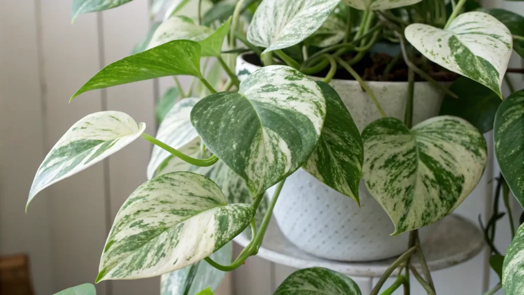 Pothos Plant Types : A close-up of a Marble Queen Pothos leaf, demonstrating the creamy white and green marbled variegation. Below it, a smaller image showing a slightly less variegated leaf from lower light.