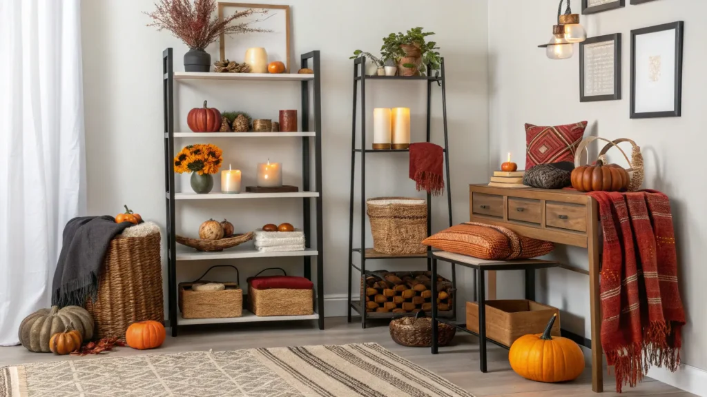 Maximizing small spaces for fall decor 2025 with vertical shelves and multi-functional furniture.