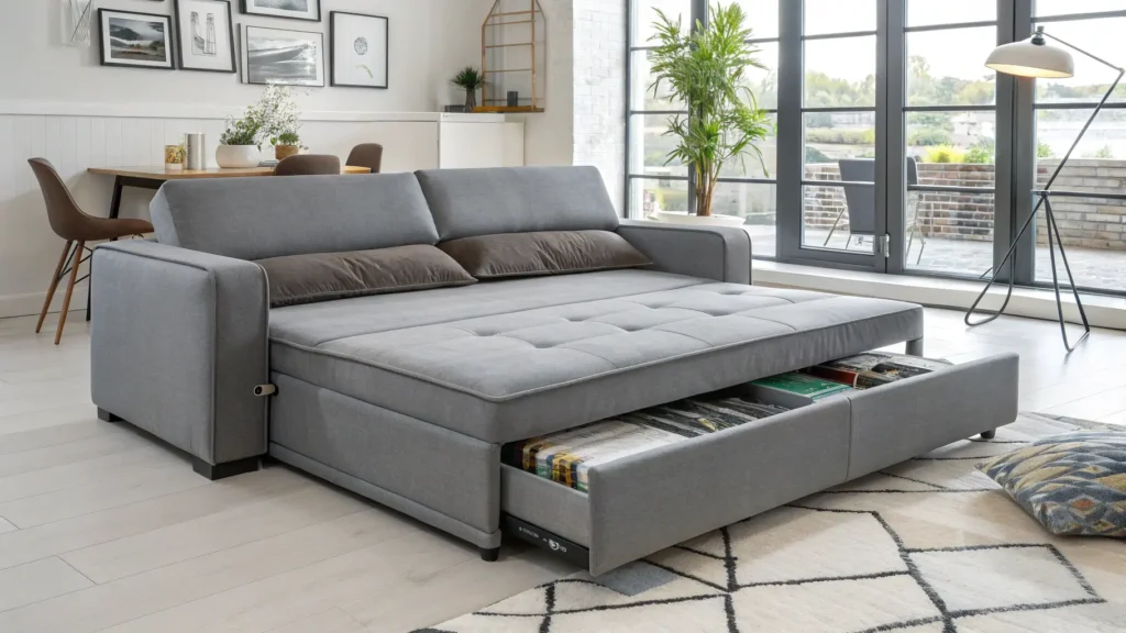 Modern grey sofa bed transforming into a bed in a stylish studio flat. Studio Flat Decor