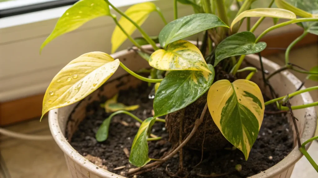 Overwatered Pothos plant with yellowing lower leaves and moist soil
