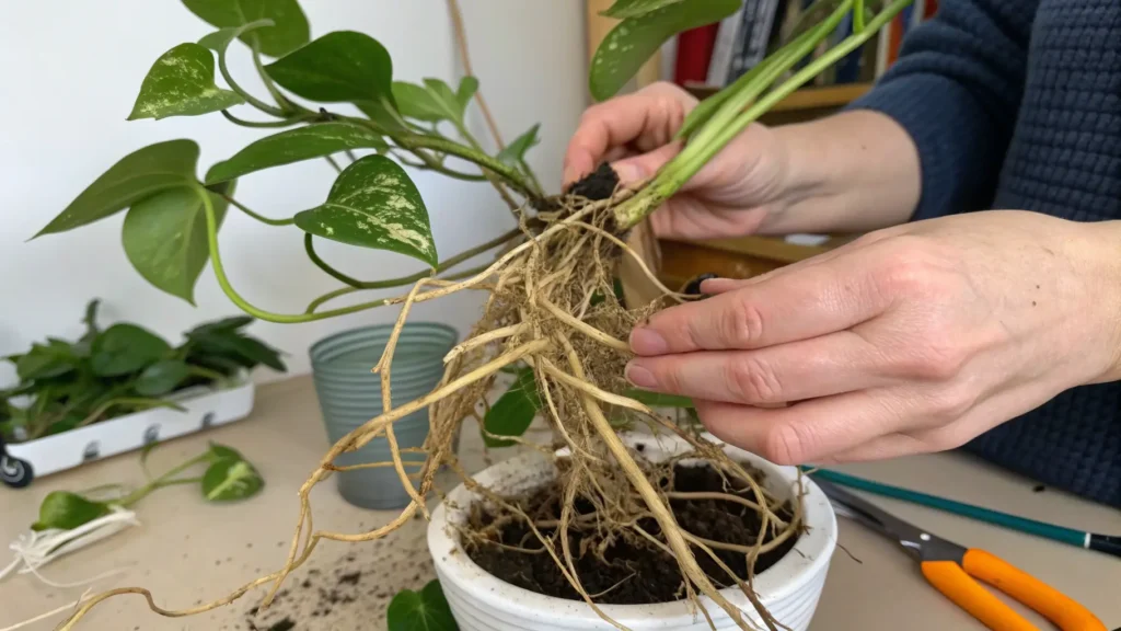 Photo showing gently untangling Pothos roots with fingers before repotting. Pothos Root Bound