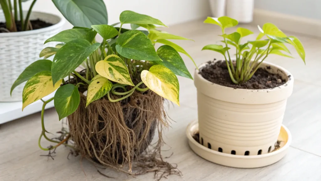 Photo showing Pothos roots growing out of a pot's drainage holes, a Pothos with yellowing leaves, and a Pothos with stunted growth. Pothos Root Bound