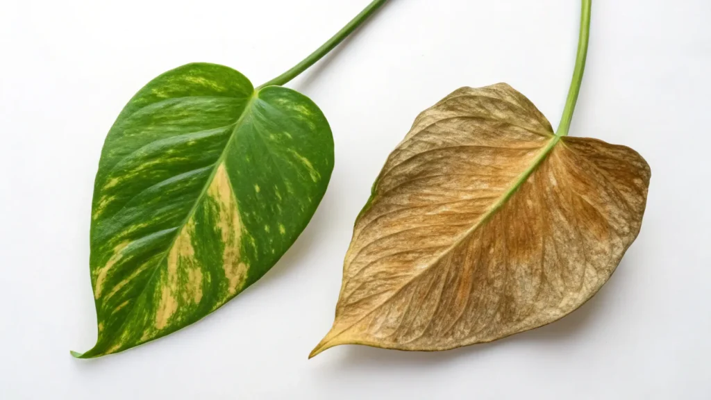 pothos leaf yellowed from overwatering (soft, limp) and one from underwatering (dry, crispy).