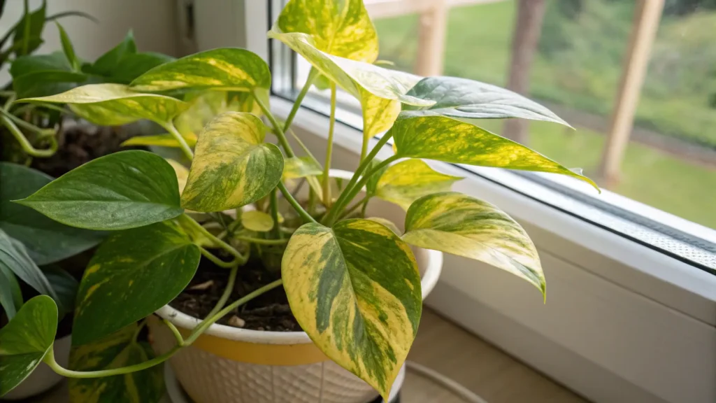 Pothos plant yellow leaves caused by insufficient light and too much direct sunlight