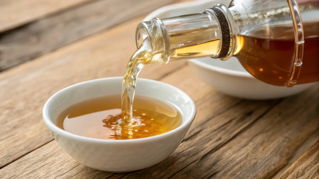 Pouring apple cider vinegar into a small bowl.