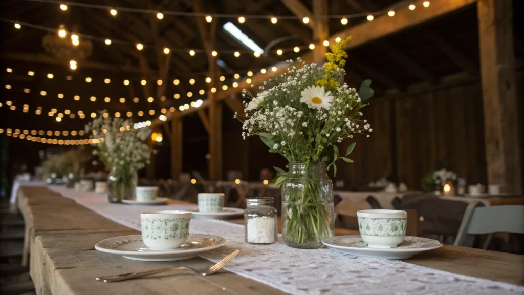 Rustic wedding tablescape with DIY centerpieces and fairy lights.