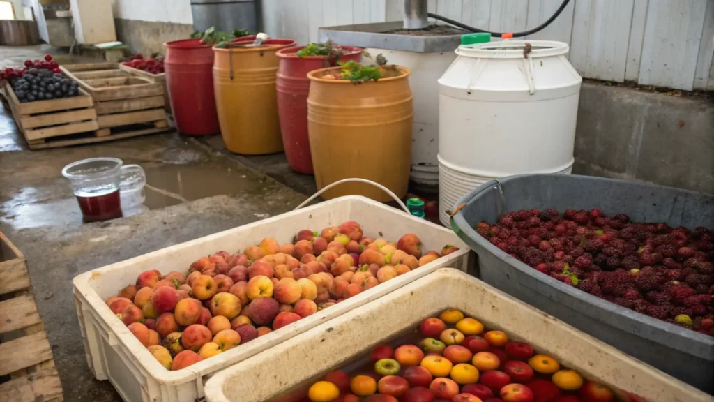 fruit fly attraction zones and their short lifecycle, showing ripe fruit, drains, and fermenting liquids as key attractants.