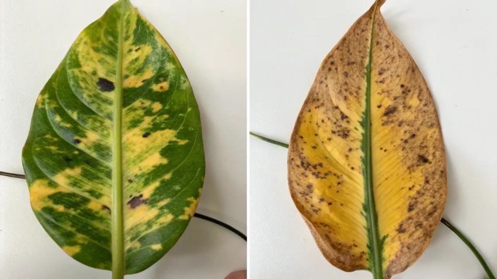 Snake Plants Side-by-side comparison of an overwatered vs. underwatered yellow snake plant leaf