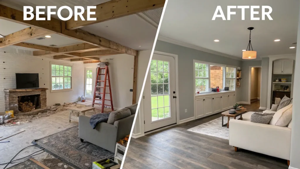 A variety of successful DIY home projects showing before and after transformations