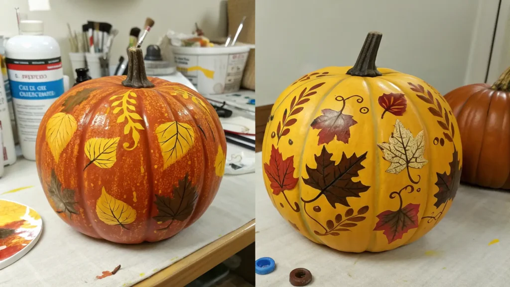Step-by-step photos of painting faux fall decor clearance pumpkins.