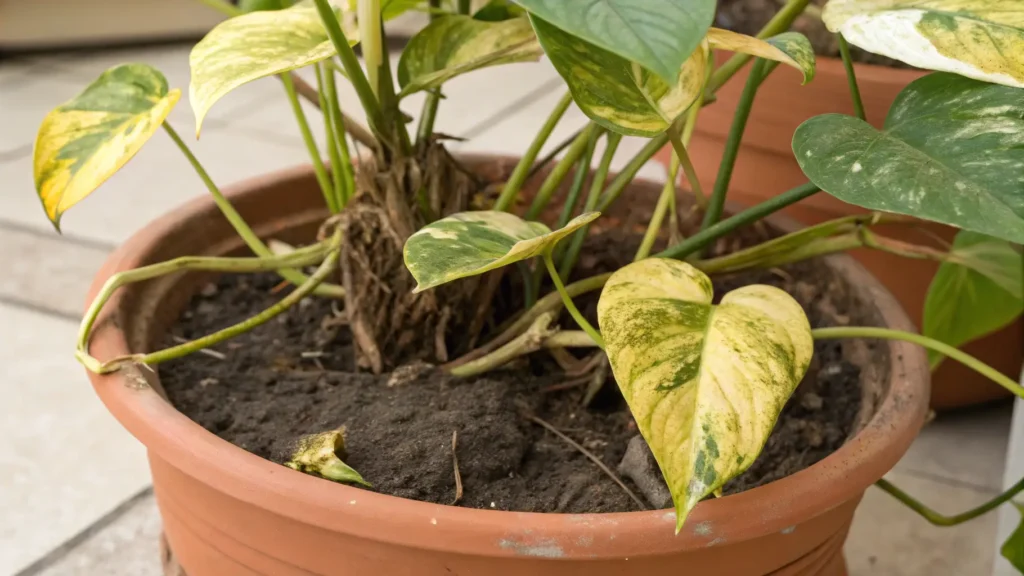 Underwatered Pothos plant with yellowing, crispy leaves and dry potting mix