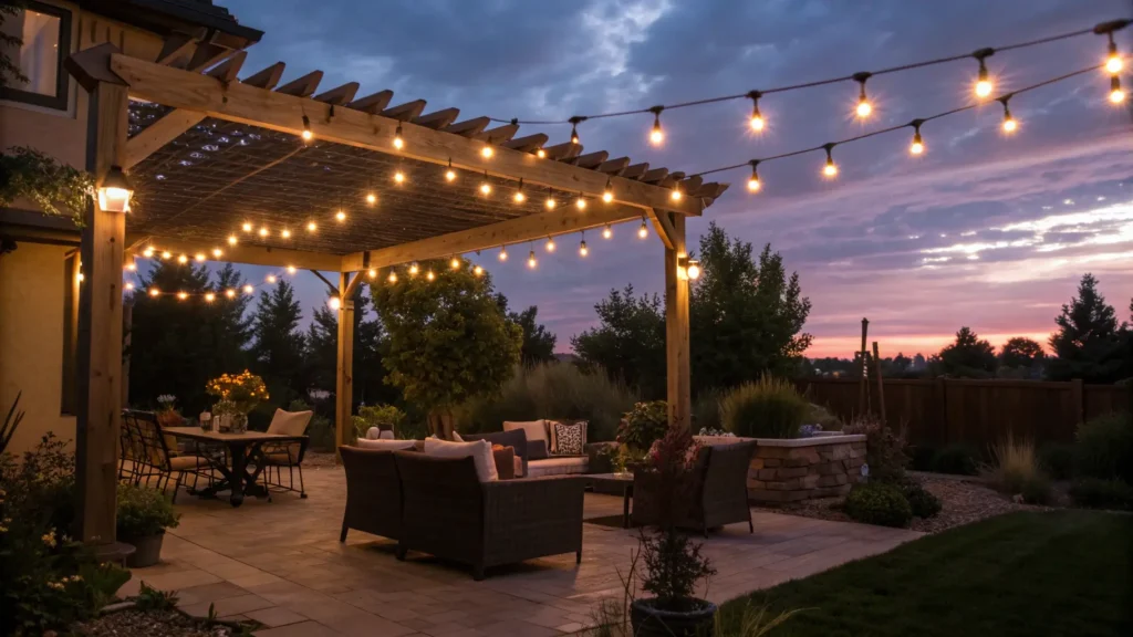 Warm string lights illuminating a garden patio at dusk, creating an inviting ambiance. Private Backyard Oasis