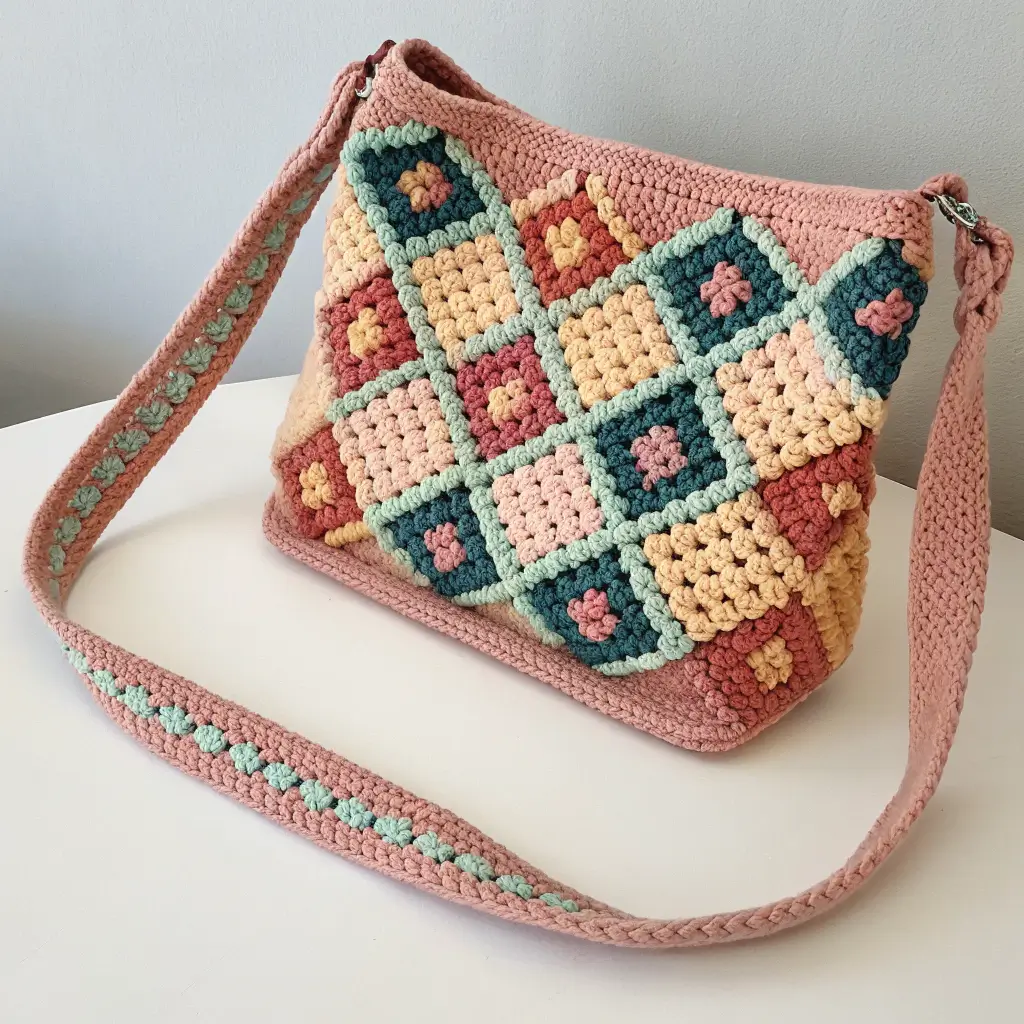 Checkered Crochet Shoulder Bag
