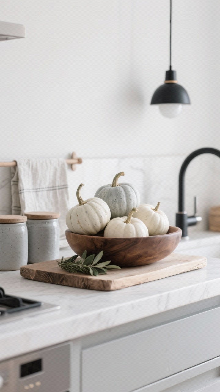 Closeup countertop vignette in a Nordic minimal kitchen: whitewashed pumpkins in soft bone and pale gray with chalky, limewash texture grouped in a wide, shallow oak bowl (or on a raw-edge cutting board). Nearby ceramic canisters, a linen tea towel, and a brushed nickel or black faucet; base palette of white, soft gray, and natural oak. Simple globe pendant or black sconce provides clean, diffused light; a sprig of olive or rosemary adds a fresh accent. Calm, clutter-free, Scandinavian coziness; photorealistic, no people.