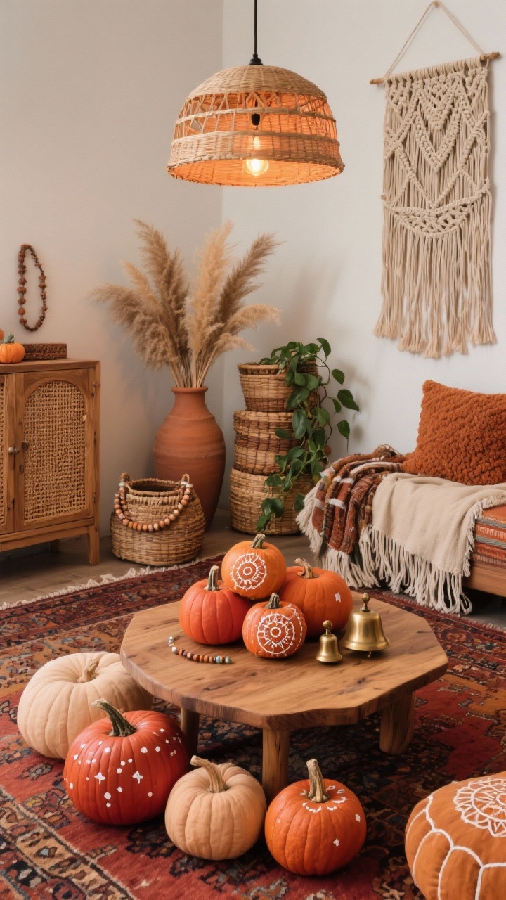Corner medium shot, Boho Studio with Terracotta Layers: a low mango-wood coffee table over a Persian-style rug in rust, umber, and camel, scattered floor cushions. A cluster of paint pumpkins in terracotta gradients from light clay to deep paprika, some hand-painted with delicate white mandalas and tiny constellation dots. Nearby: stacked woven baskets, a trailing pothos plant, brass bells, a beaded garland, and a fringed throw. Texture trio visible: macramé wall hanging, cane cabinet, boucle pillow. Overhead rattan pendant with warm bulbs casting an amber glow. Dried pampas in a clay vase echoes pumpkin tones. Rich, collected, tactile scene; no people.