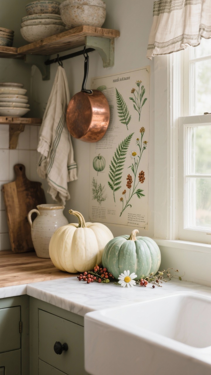 Detail closeup of a cottagecore kitchen vignette: buttercream and sage-painted pumpkins perched on a windowsill and island corner, illustrated with delicate botanical field-guide drawings—fern fronds, chamomile, wild berries—with fine inky green lines, rust-toned berries, and gentle ivory highlights. Background hints of open shelves with stacked stoneware, butcher-block island, copper pans hanging, linen tea towels, weathered wood, and ceramic crocks. Soft daylight through café curtains, nostalgic and romantic, photorealistic.