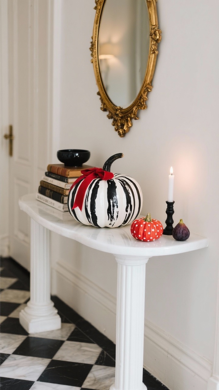 Detail closeup, Parisian Apartment Entry: straight-on console vignette against a black-and-white checkerboard floor. A slim fluted console supports high-gloss white paint pumpkins with ink-black brushstroke patterns—one large with bold black stripes, two tiny dotted minis—plus one small lipstick-red pumpkin for a chic pop. A gilded mirror hangs above, reflecting soft ambient light; a stack of vintage books and a black ceramic catchall sit beside the pumpkins. One pumpkin’s stem is tied with a red silk ribbon. A lit blackcurrant or fig candle completes the French vibe. Glossy highlights, elegant monochrome with a rouge accent; no people.