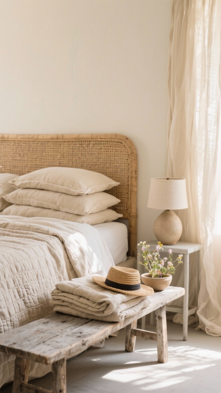Detail closeup — Sun-washed bedroom textiles and woven layers: buttermilk cream wall softly lit by daylight, woven rattan headboard edge in frame, bedding stacked in oatmeal and sand tones (washed cotton and lightweight linen) with visible weave, gauzy floor-length curtain billowing slightly, weathered wooden bench at the foot of the bed holding a folded quilt stack and a straw hat, ceramic bedside lamp base partially visible, tiny posy of wildflowers in a ceramic dish on a simple nightstand; palette of sand, oat, pale clay, driftwood gray; serene, airy; photorealistic.