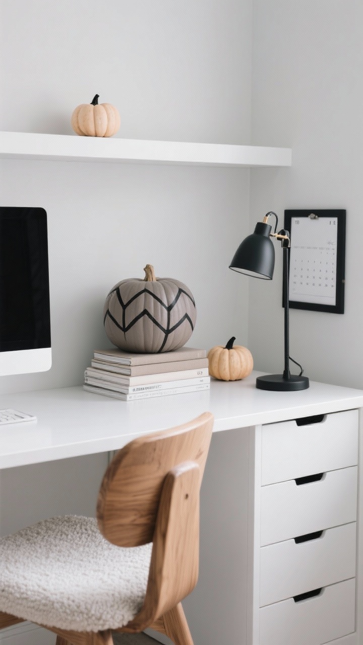 Detail/desk-level shot, Minimalist Home Office with Graphite Geometry: clean, pale walls and a streamlined white desk under soft daylight. A medium paint pumpkin in warm gray with thin black geometric motifs—chevrons and grids—sits atop a stack of neutral notebooks. Two mini pumpkins in soft putty with tiny black triangles rest on a floating shelf next to a black-framed calendar. A matte black task lamp anchors the scene. Accent chair in ash wood with light boucle upholstery partly visible; closed storage cabinets keep the backdrop uncluttered. Palette strictly gray, black, and white; crisp, quiet focus; no people.