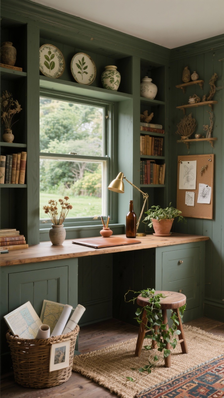 Detail/desk vignette — Writer’s garden study with collected finds: built-in shelves painted deep olive-gray filled with worn books, ceramic jars, framed botanical plates, and natural curiosities; small wood desk facing a window with garden view light, brass task lamp illuminating a leather blotter, stoneware pencil cup, dried flowers in a brown bottle, clay incense holder, pinboard with fabric cover pinned with sketches and clippings on the wall; at floor level, sisal rug layered with a vintage kilim, a basket holding rolled maps and art prints, low stool with a pot of ivy; cozy, scholarly, cottage-like; photorealistic.