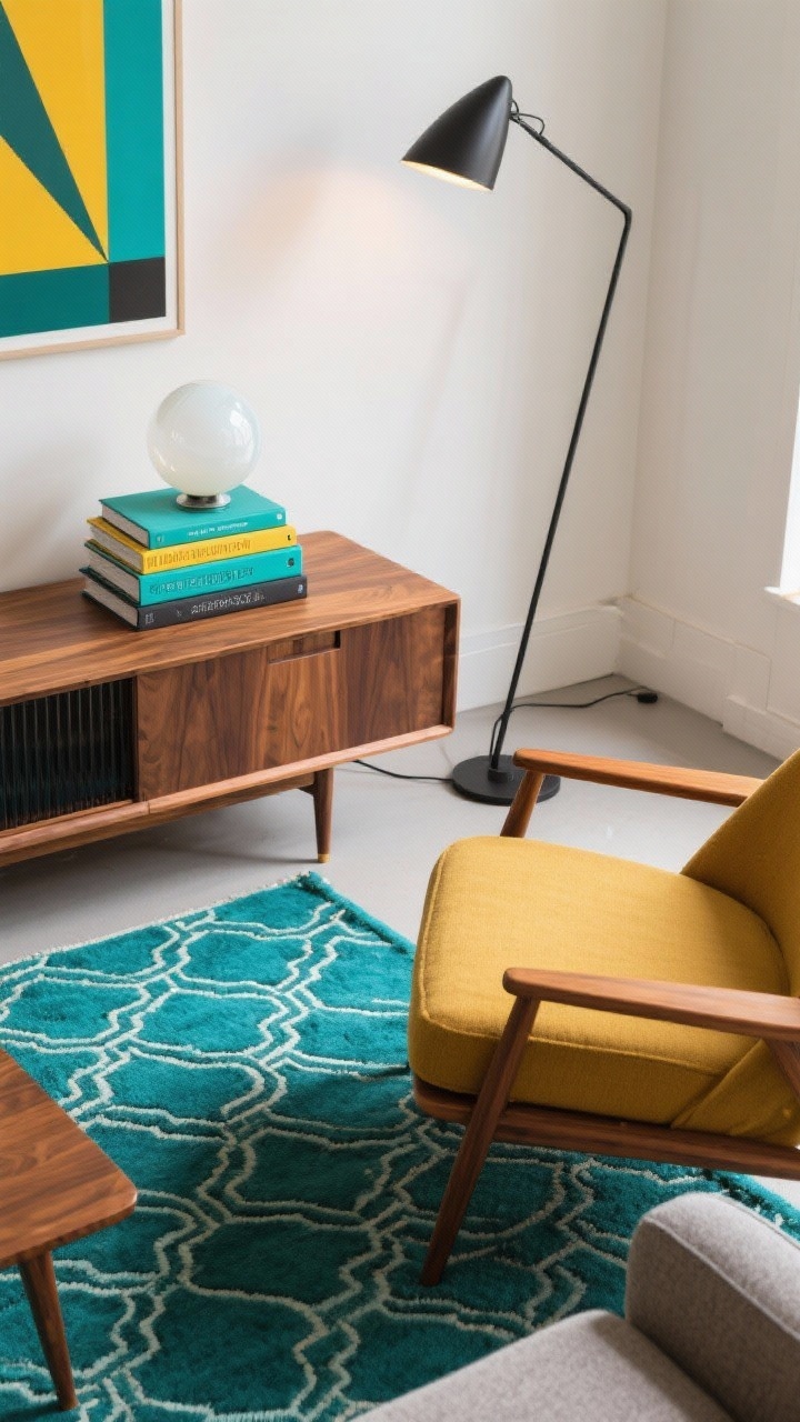 Detail/overhead vignette, Graphic Mid-Century Pop: top-down view of a teal geometric patterned rug beneath a mid-century walnut media console edge and clean-lined warm-gray sofa corner; a mustard accent lounge chair partially in frame, black metal lamp arm and legs visible, bold color-blocked print with crisp edges cropped on the wall, opal glass globe lamp glowing softly; stack of design books with teal and saffron spines styled on the console; bright, balanced lighting; photorealistic, no people.