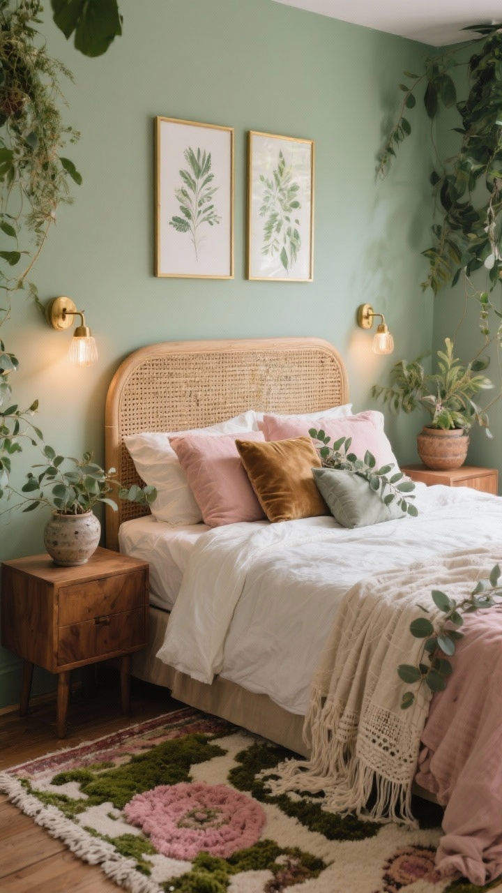 Medium bedroom corner, Botanical Boho Retreat: powdery sage green walls, rattan headboard framed by brass sconces, bed layered with linens in blush, ivory, and eucalyptus tones, velvet pillow pile and cotton gauze throw, walnut nightstands with ceramic planters, vintage-style rug blending rose, moss, and cream underfoot, botanical prints in thin brass frames above; soft, cozy evening light; lush, romantic boho mood; photorealistic, no people.