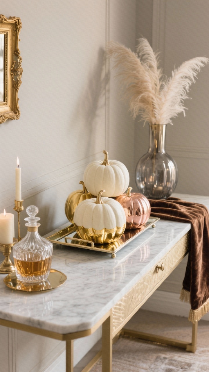 Medium corner shot of a glam console: neutral greige or warm white pumpkins with bottom halves metallic-dipped in gold, champagne, and rose gold arranged on a marble or mirrored tray. Surround with a crystal decanter, vintage gold frame, smoked glass candle, and a rich velvet runner. Tall vase with feathery stems balances the shine. Mix of matte and high-shine finishes; warm metallic palette with ivory/greige; soft evening glow for Old Hollywood-meets-modern luxe; photorealistic, no people.