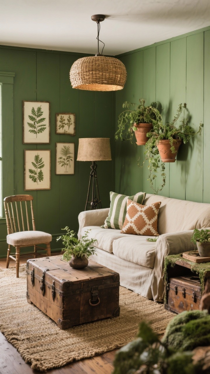 Medium corner view — Mossy meadow living room with layered textures: moss-green painted walls, low slipcovered natural-linen sofa with a relaxed silhouette, jute rug layered with a smaller wool rug, spindle-back accent chair, rough-hewn wood coffee table, striped and block-printed pillows in fern and clay tones, woven drum shade ceiling light and an iron floor lamp creating warm, soft illumination, pressed botanical prints on the wall, aged terracotta planters with trailing plants, old wooden trunk used as storage; cozy, grounding, forest-inspired atmosphere; photorealistic.