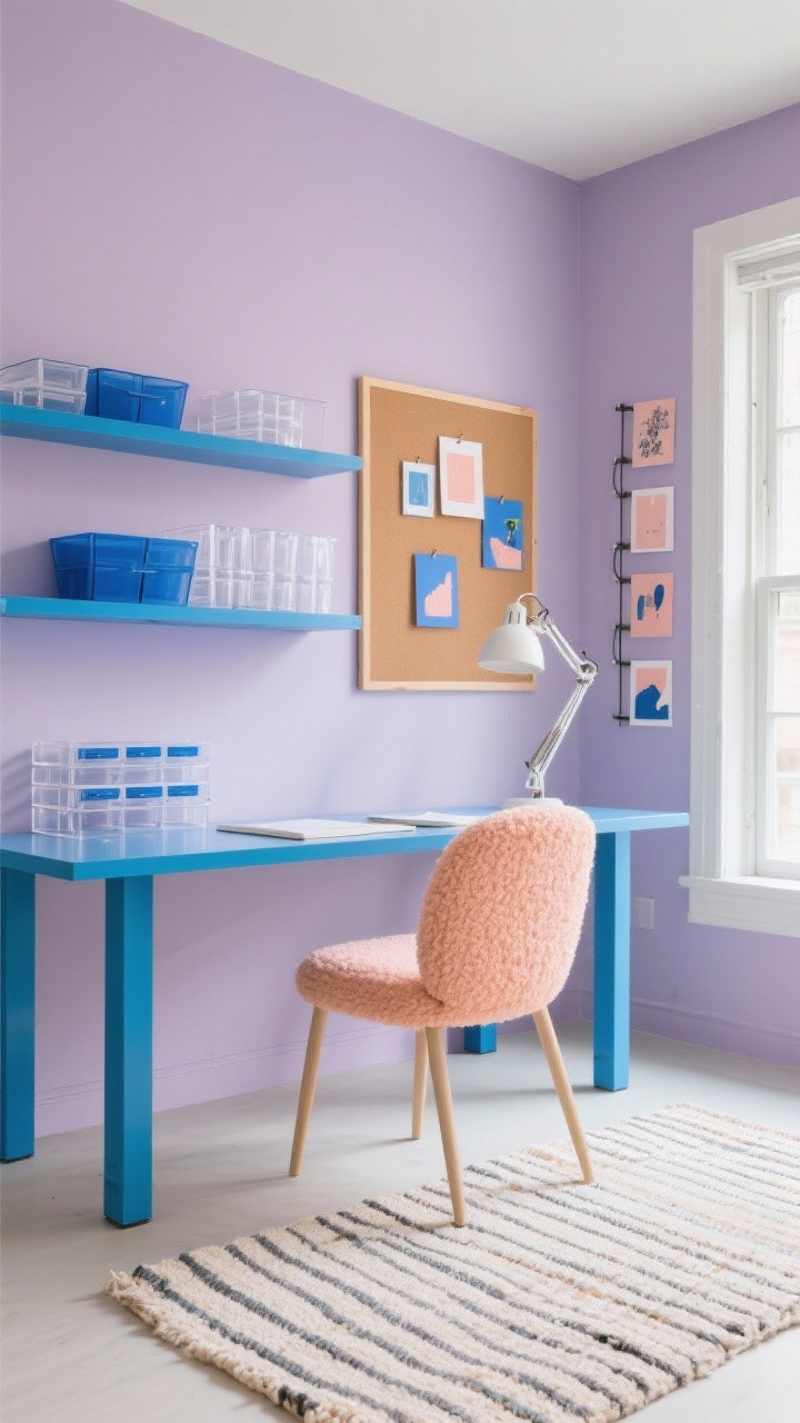Medium creative studio, Playful Creative: misty lavender walls as backdrop, cobalt shelves and desk with cobalt legs, soft peach boucle desk chair, peach pinboard fabric above the desk, acrylic organizers neatly arranged, striped woven cotton rug on the floor, sculptural task lamp, gallery rail with rotating mini-prints in cobalt and peach tones; clean daylight for an energetic yet calm mood; photorealistic, no people.