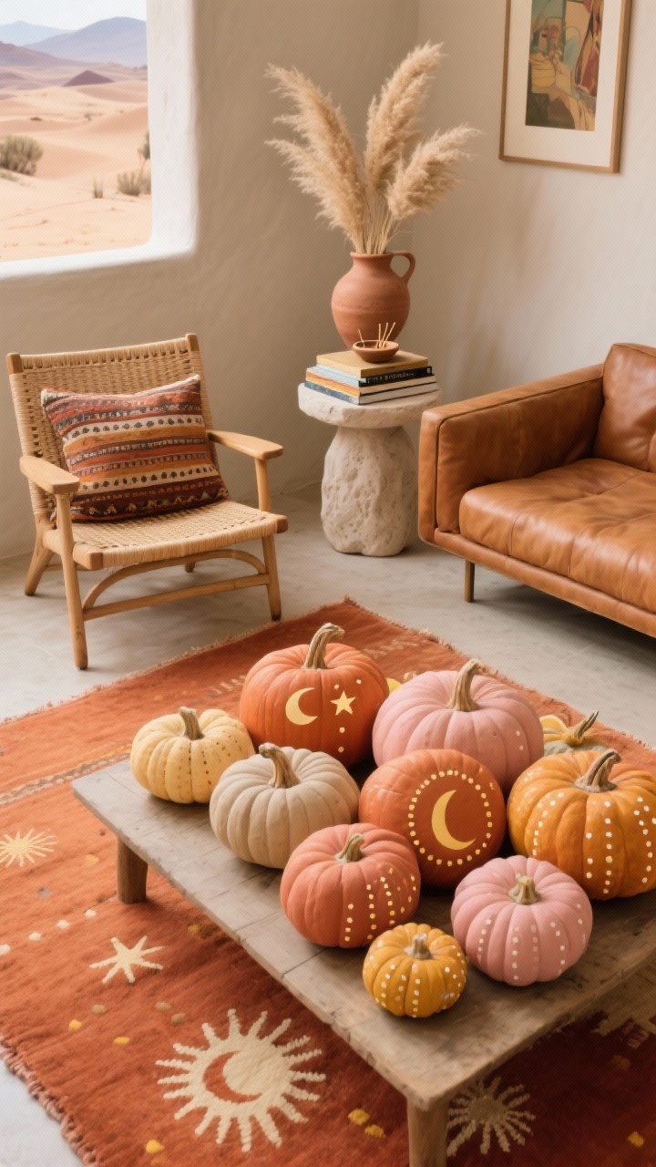 Medium, desert boho lounge corner: a warm terracotta rug, camel leather loveseat, rattan accent chair with a kilim pillow, and a plaster side table holding stacked art books and a ceramic incense dish. On a low coffee table, a clustered arrangement of pumpkins painted in sunbaked shades (terracotta, adobe, dusty rose, sand) decorated with sunburst motifs, half-moons, stars, and dotted rays in creamy buff with touches of faded mustard; fine dot detailing. Add a small pampas bundle in a clay vase. Earthy, sun-warmed palette, photorealistic.