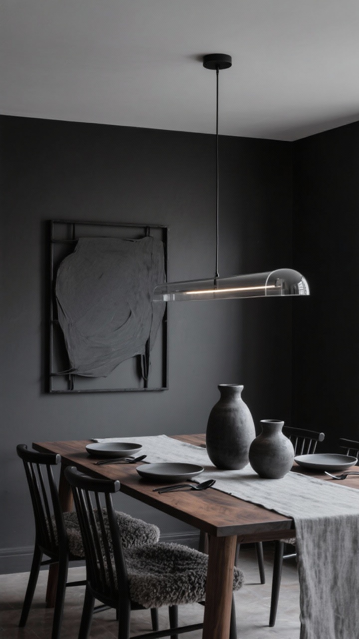 Medium, Moody Modern Monochrome dining space: deep charcoal walls, smooth smoke-gray ceiling, black-stained oak dining table with minimal matte-black spindle chairs, linen runner in soft gray, smoked glass linear pendant casting a low ambient glow over moody gray ceramic plates and matte-black flatware; stoneware vases and bouclé seat cushions; a single oversized charcoal abstract framed in black metal on the wall; sculptural, intimate lighting; photorealistic, no people.
