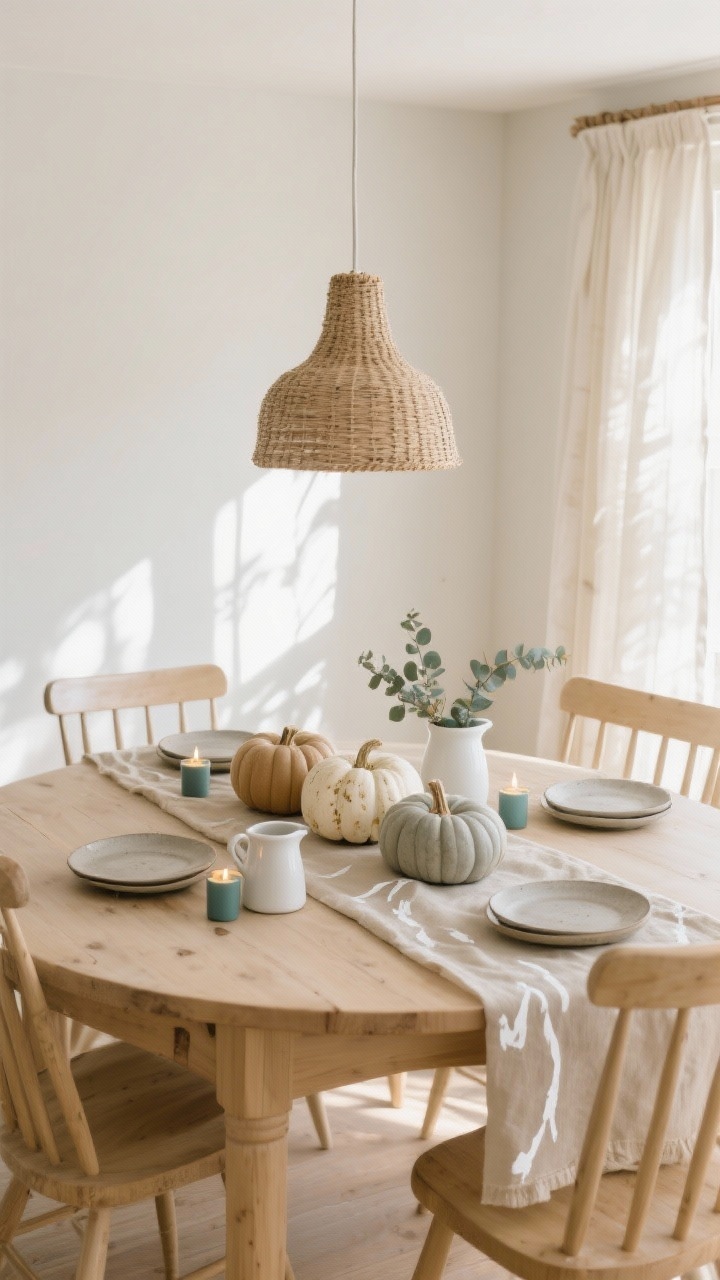 Medium, Scandinavian dining nook in morning light: a round blonde-wood table with spindle-back chairs and a woven pendant casting warm, dappled light; a pale oatmeal table runner down the center and a linen curtain softly filtering sun. Cluster five pumpkins in chalky neutrals (mushroom, oat, fog) along the runner, each with freeform imperfect white brushstrokes using a dry-brush texture so base color peeks through. Tuck tiny tealights between pumpkins; include stoneware plates, matte white pitchers, and eucalyptus sprigs. Airy, calm, intentional simplicity, photorealistic.