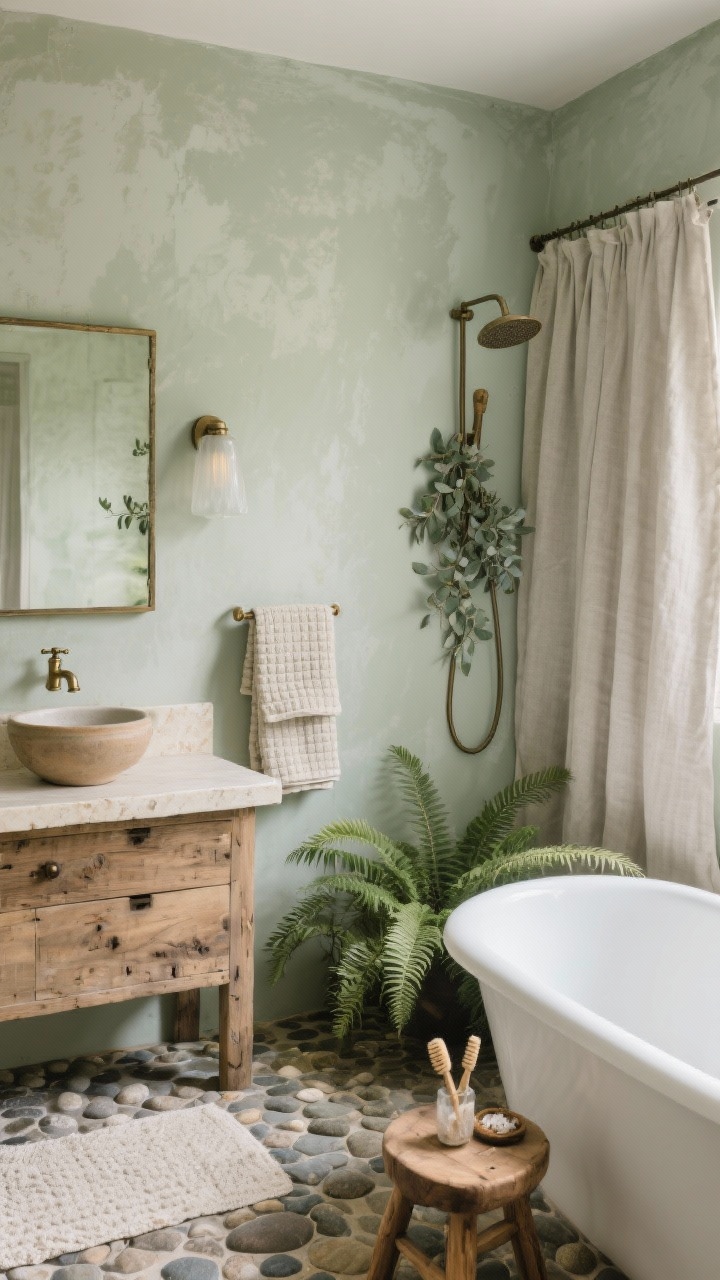 Medium shot — River-stone bathroom with linen and limewash: sage limewash walls with soft mottling, pebble-look tile floor underfoot, freestanding tub beside a small wooden stool holding bath salts and brushes, reclaimed wood vanity with creamy stone top and pottery-style sink, brushed nickel or aged brass taps and framed mirror, stone-colored linen shower curtain, neatly folded waffle towels and a cotton bath mat, ferns thriving near the tub and eucalyptus sprigs hanging in the shower steam, frosted sconces casting gentle, spa-like light; soothing, elemental; photorealistic.
