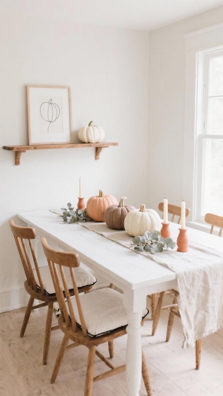 Medium shot, Scandinavian Dining Nook in Creams + Clay: a bright, airy nook with a white-oak table and spindle-back chairs over light floors, soft natural daylight. Down the center, five paint pumpkins in soft clay, warm taupe, and creamy ivory, some finished in matte chalk paint for a velvety ceramic look, mixed sizes for rhythm. Sprigs of silver-dollar eucalyptus tucked between pumpkins, two taper candles in terracotta holders. Linen runner along the table. Background: a single oak wall shelf with two miniature ivory pumpkins and a framed minimalist line drawing. Off-white seat cushions with subtle black piping. Overall matte finishes, gentle, cohesive palette; no people.