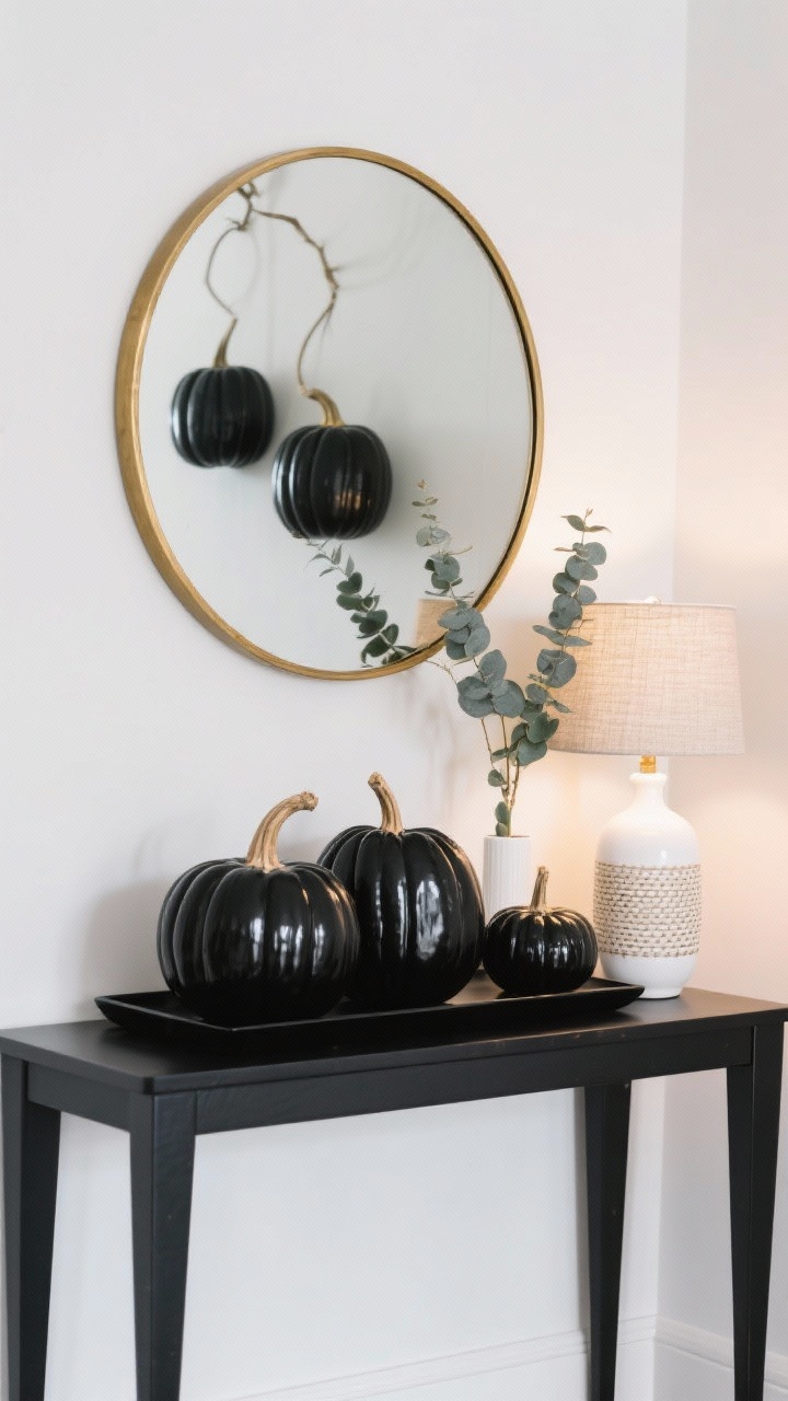 Medium, straight-on entry vignette: a matte black console table against a crisp white wall, round brass mirror centered above, styled with three high-gloss jet-black painted pumpkins in varied sizes with natural stems on a slim black tray; a white ceramic lamp with a woven linen shade on one side, a small vase of eucalyptus for height on the other. Warm white bulb at 2700K casts soft, editorial lighting; palette limited to black, white, and warm metallic brass; smooth pumpkin surfaces contrasted with natural stems and linen texture; photorealistic, no people.