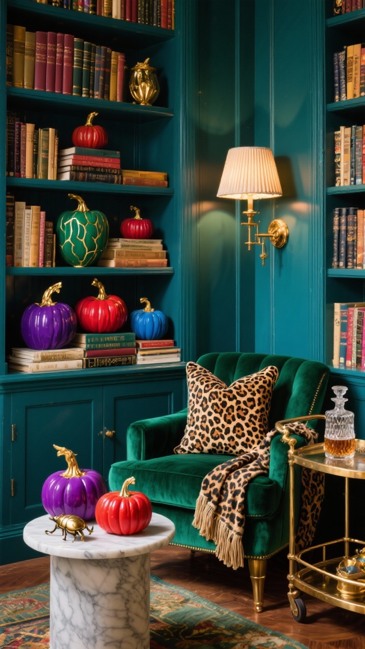 Medium-to-wide shot, Maximalist Library in Jewel Tones + Gilded Glam: floor-to-ceiling bookcases painted deep teal, a plush emerald velvet reading chair, and a vintage brass bar cart. Paint pumpkins in jewel tones—amethyst, ruby, sapphire, emerald—each with gold leaf veining or gilded stems, arranged among stacked books and a crystal decanter for old-world drama. A marble side table holds two mini ruby pumpkins and a brass beetle paperweight. Lighting from a library sconce with a pleated shade casts warm pools of light. Leopard-print pillow on the chair, fringed throw draped casually. Lush, opulent, photorealistic; no people.